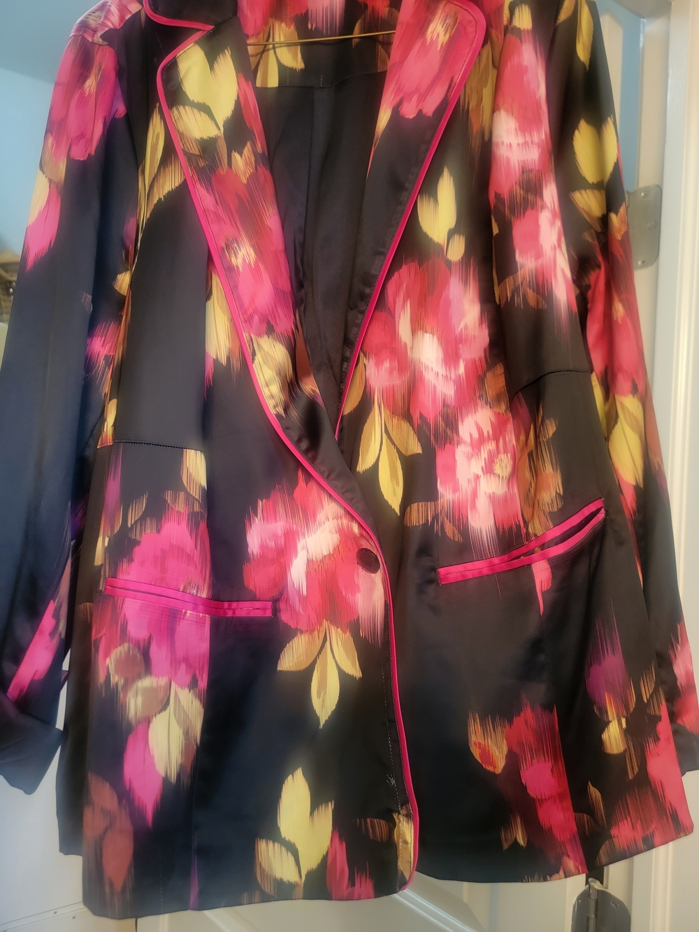 torrid Black Satin Blazer with Pink and Yellow Floral Print